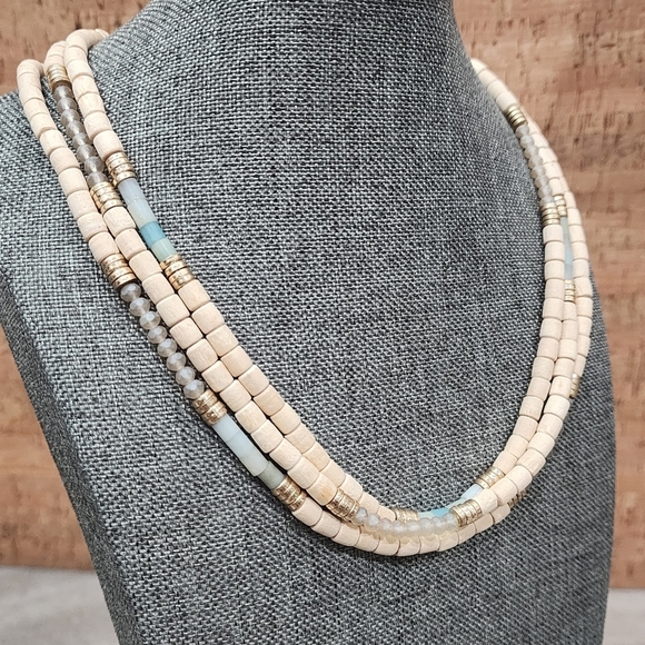 Layered Wood Bead and Stone Necklace, Earth Tone Multi-Strand - Picture 1 of 11